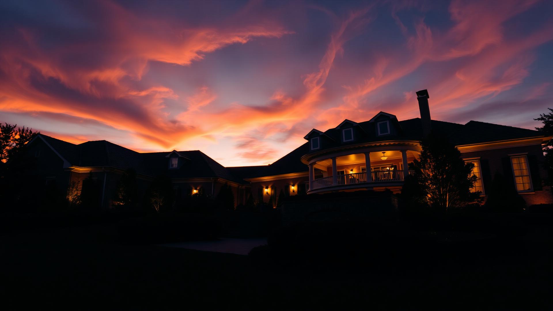 Luxury home at sunset with warm porch lights